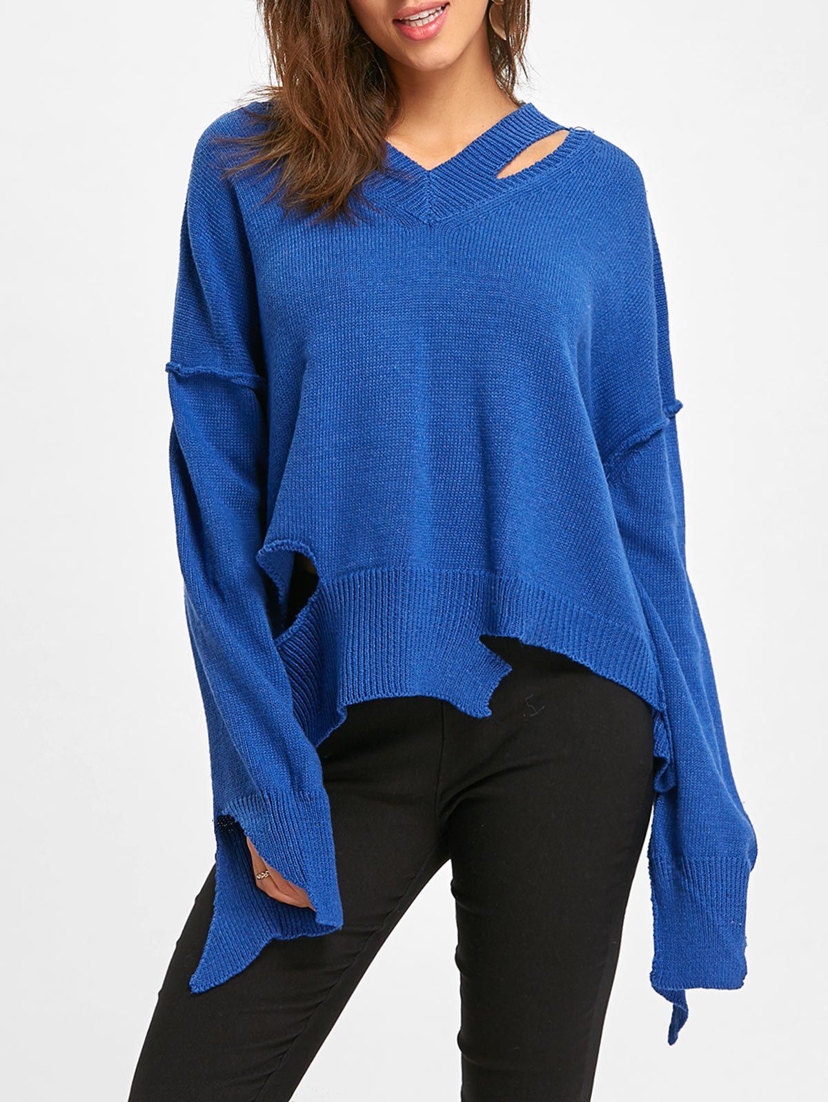 

Cut Out V Neck Dolman Sleeve Sweater, Blue