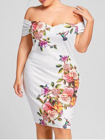  40 OFF Off Shoulder Floral Plus Size Formal  Tight Dress  