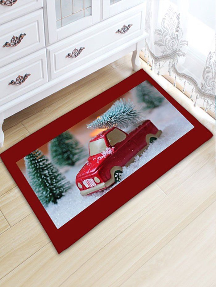 

Car and Tree Print Skidproof Flannel Christmas Bath Mat, Red