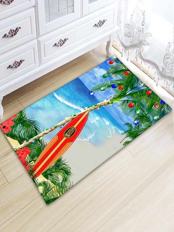 

Christmas Coconut Tree Print Nonslip Flannel Beach Style Bath Rug, Colormix