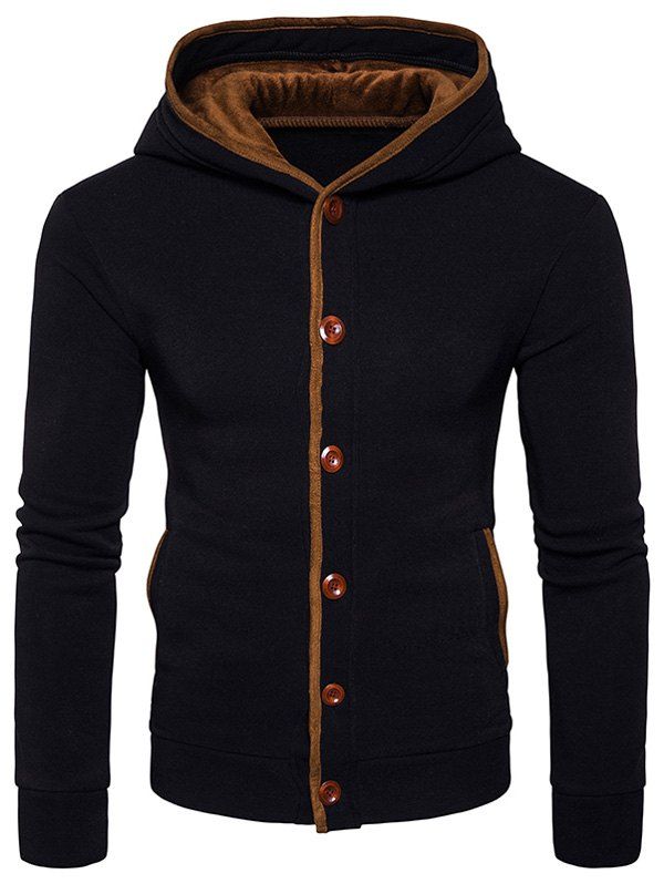 

Button Up Suede Panel Elbow Patch Hoodie, Black