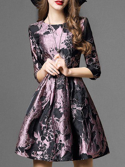 

Round Neck Floral Print A Line Dress, Pink