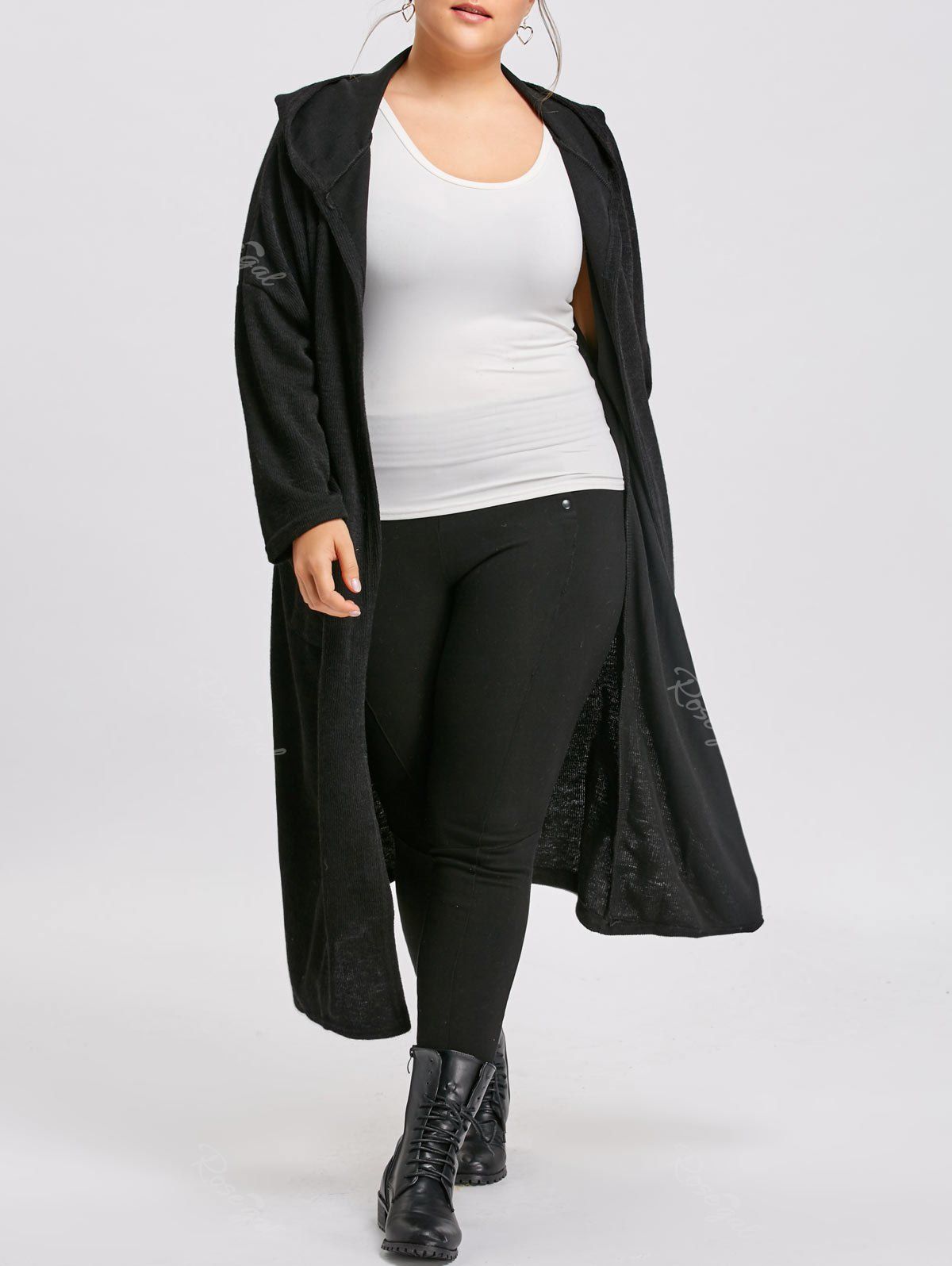 

Pockets Plus Size Long Hooded Coat, Black