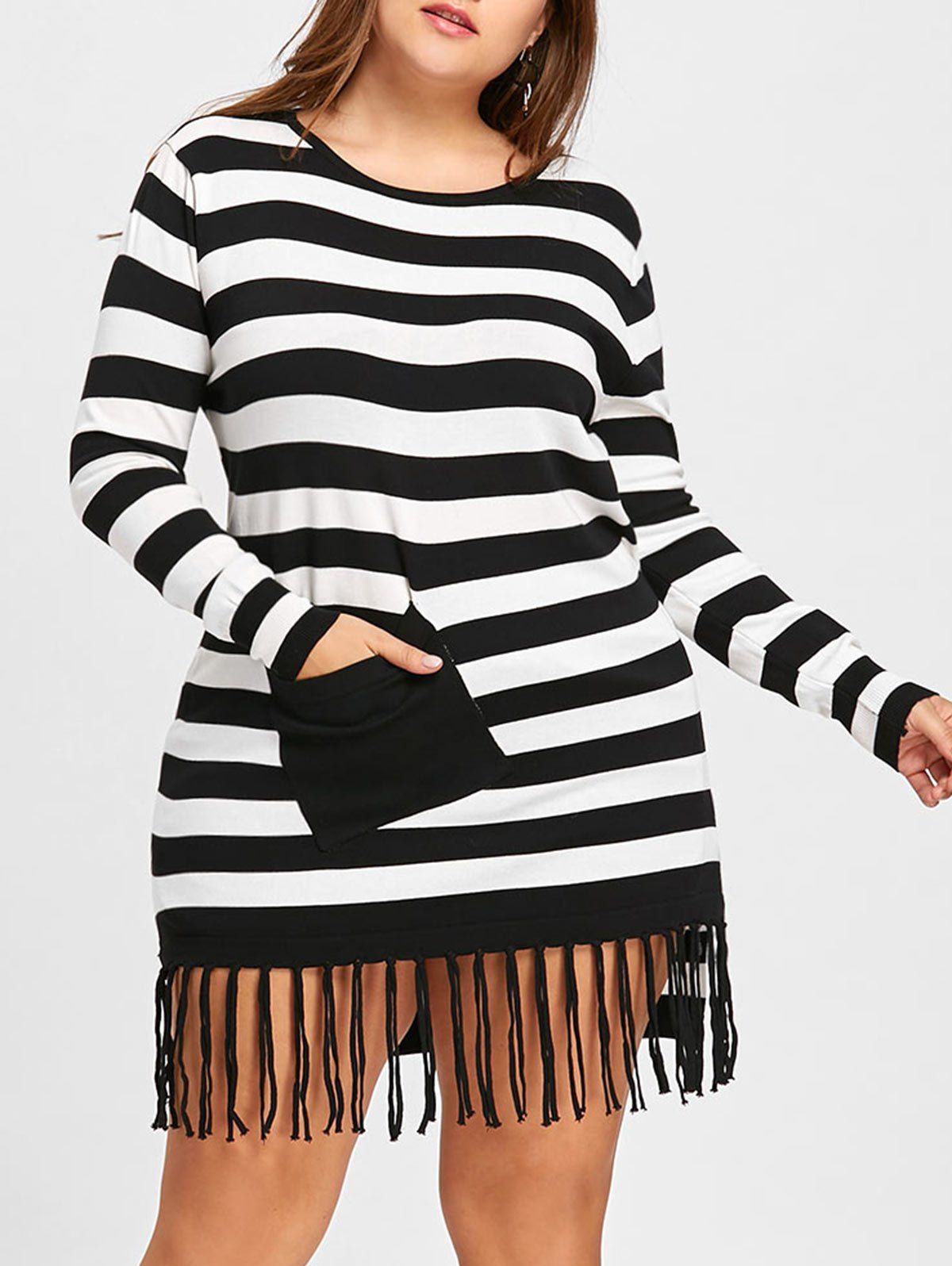 

Long Striped Plus Size Pocket Fringe Sweater, Black stripe