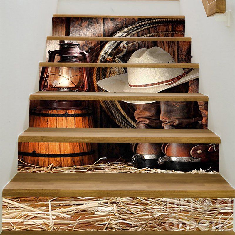 

West Cowboy Cap And Shoes Patterned Stair Stickers, Brown
