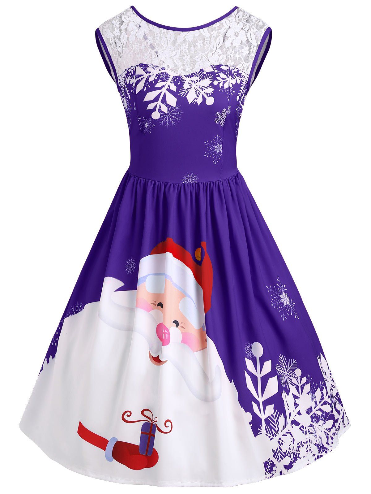 

Christmas Santa Claus Print Lace Insert Party Dress, Purple