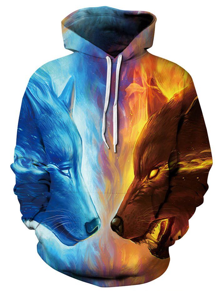 

3D Wolf Print Drawstring Hoodie, Colormix