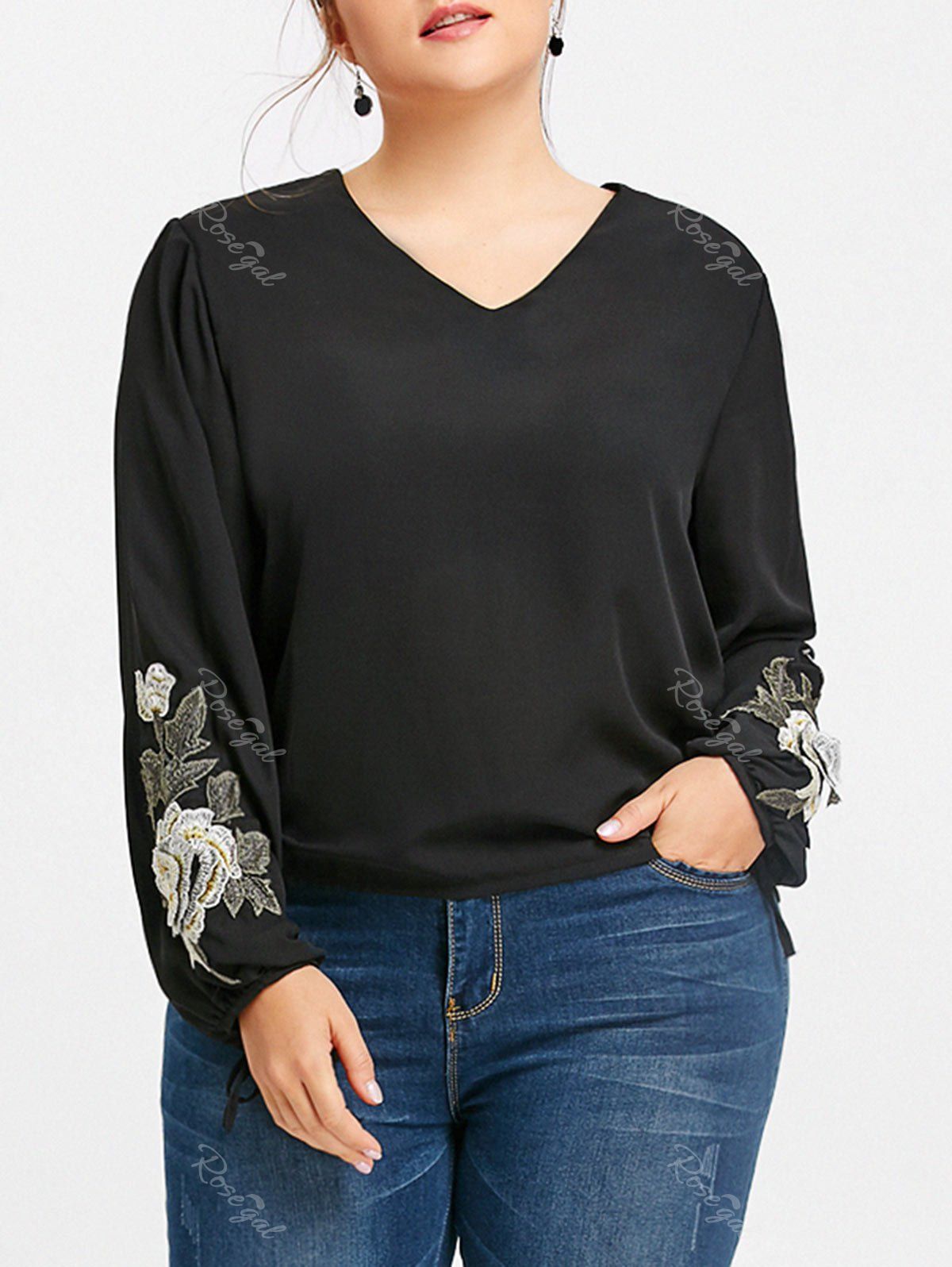 

V Neck Floral Applique Plus Size Blouse, Black