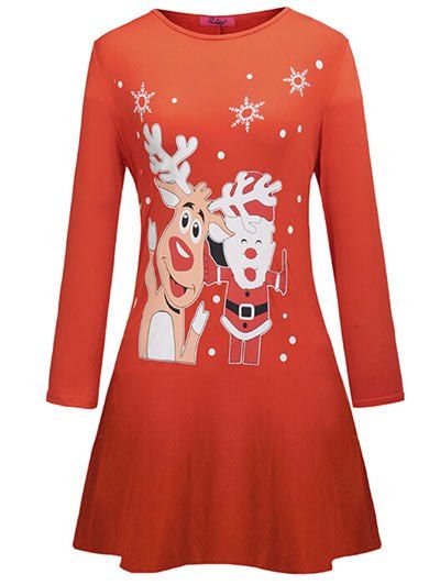 

Cartoon Christmas Print Long Sleeve Shift Dress, Red