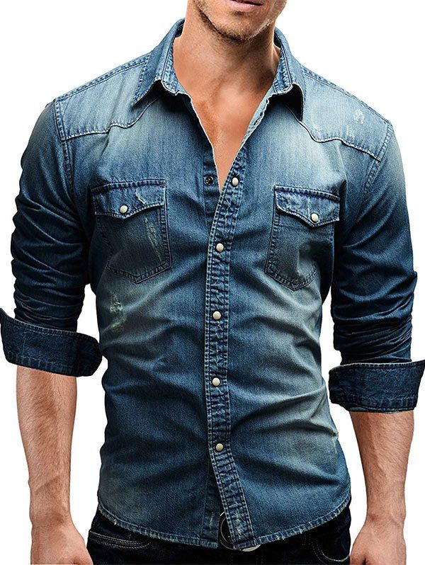 

Long Sleeve Double Chest Pocket Denim Shirt, Blue