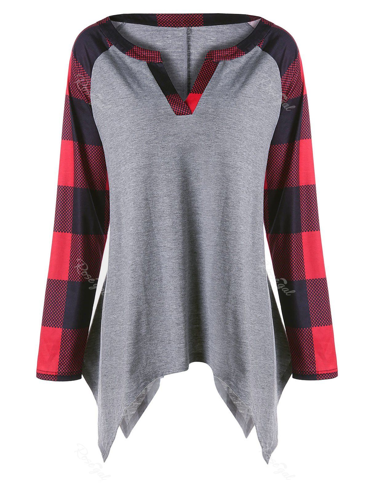 

Plus Size Raglan Sleeves Plaid Panel Asymmetric Top, Gray