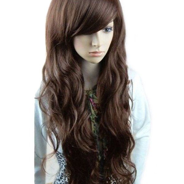 

Long Inclined Bang Layered Wavy Synthetic Wig, Deep brown