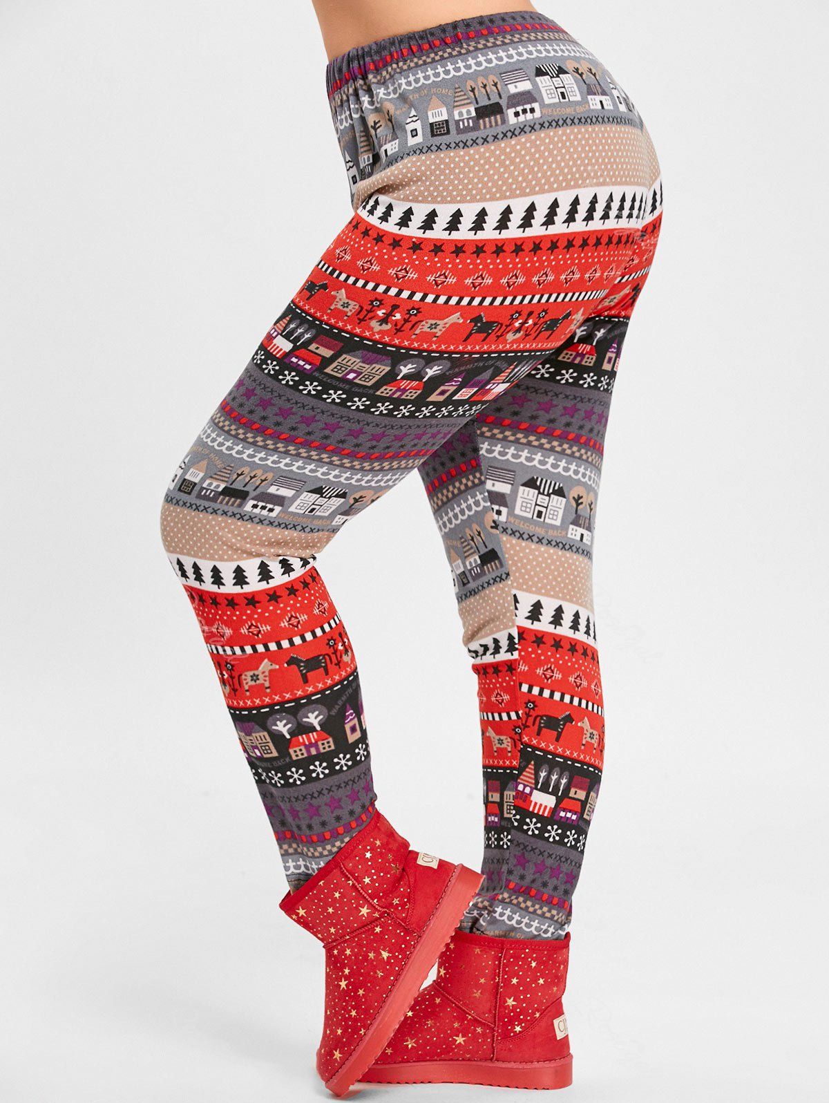 

Christmas Tree House Jacquard Plus Size Knitted Leggings, Red