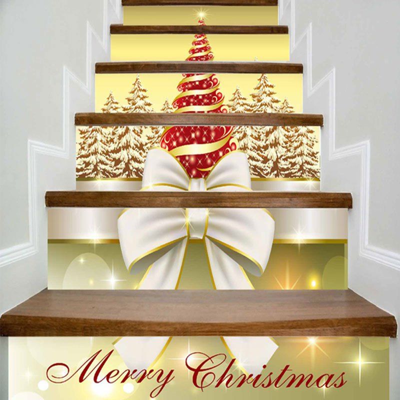 

Merry Christmas Tree Bowknot Printed Decorative Stair Stickers, Yellow