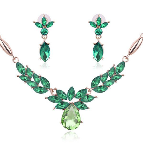 

Vintage Flower Shaped Decorated Faux Gem Necklace Earrings, Green