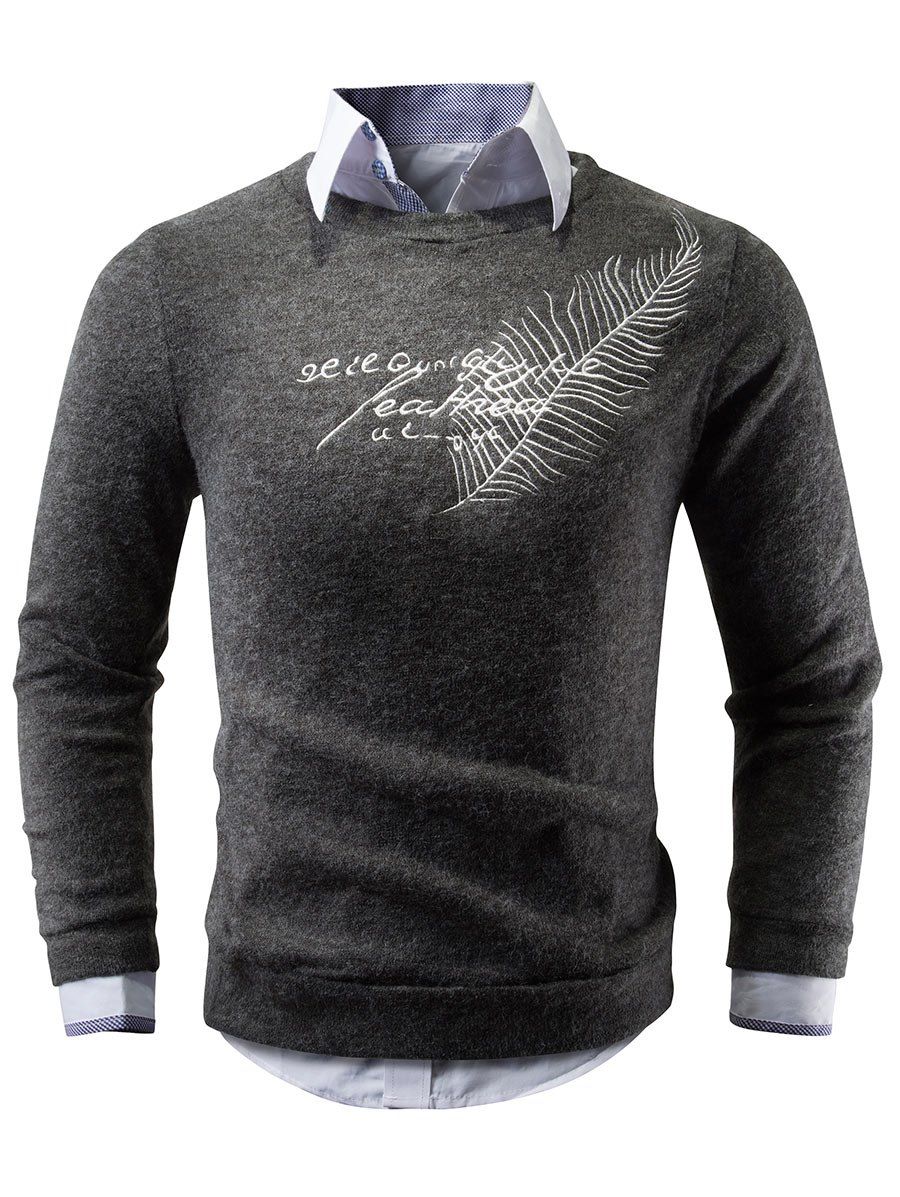 Discount Crew Neck Feather Embroidery Sweater  