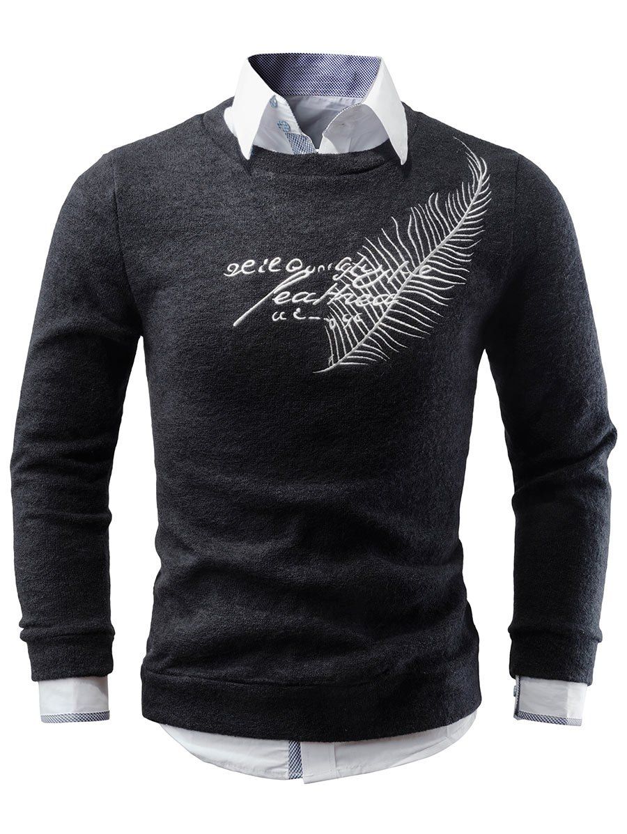 

Crew Neck Feather Embroidery Sweater, Black