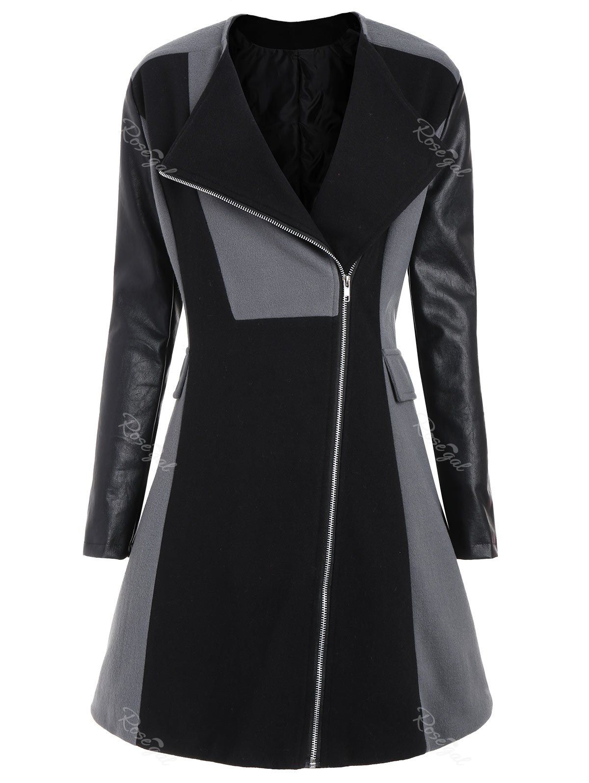 

Two Tone Plus Size Faux Leather Sleeve Coat, Black and grey