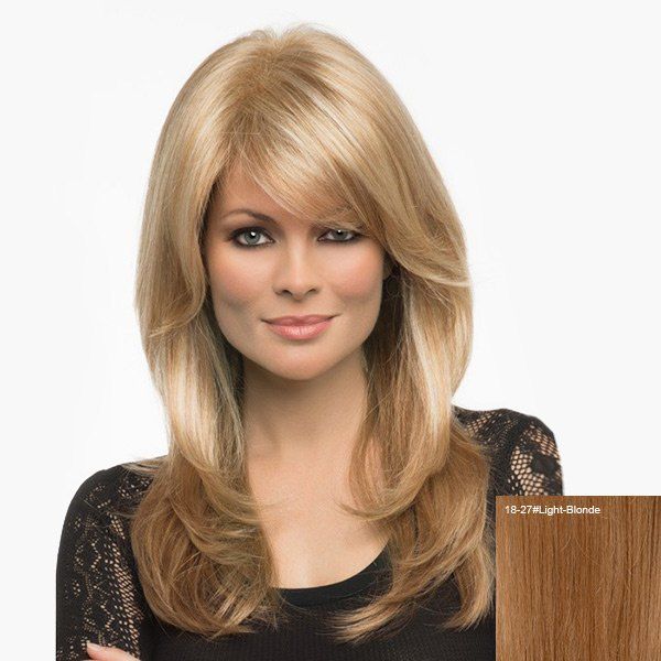 

Long Side Bang Layered Fluffy Straight Human Hair Wig, Light blonde