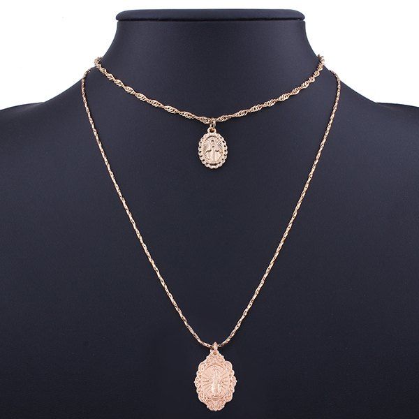 

Alloy Oval Engraved Goddess Pendant Necklace Set, Golden