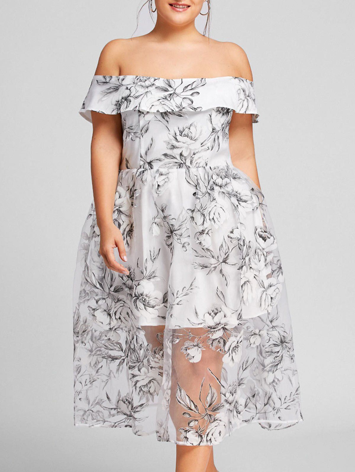 

Floral Off The Shoulder Plus Size Tulle Dress, Gray