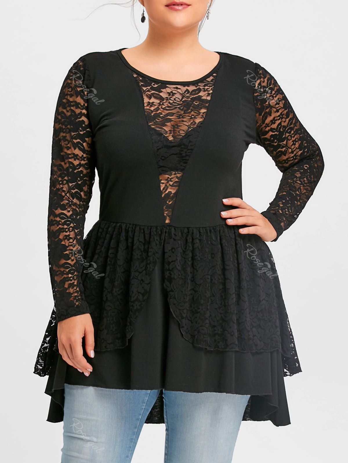 

Plus Size Lace Trim Layered Peplum Top, Black
