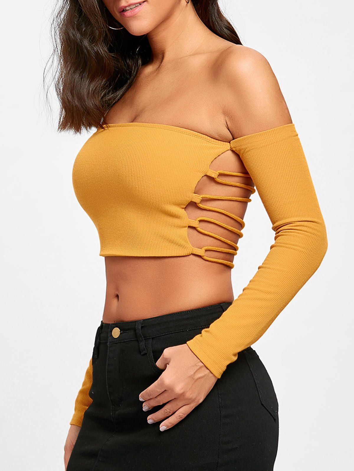 

Backless Lace Up Long Sleeve Crop Top, Mustard
