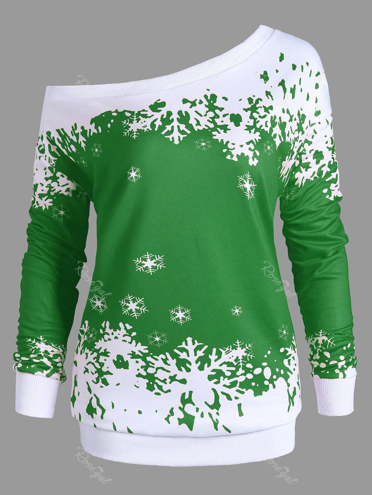 

Plus Size One Shoulder Snowflake Christmas Sweatshirt, Green