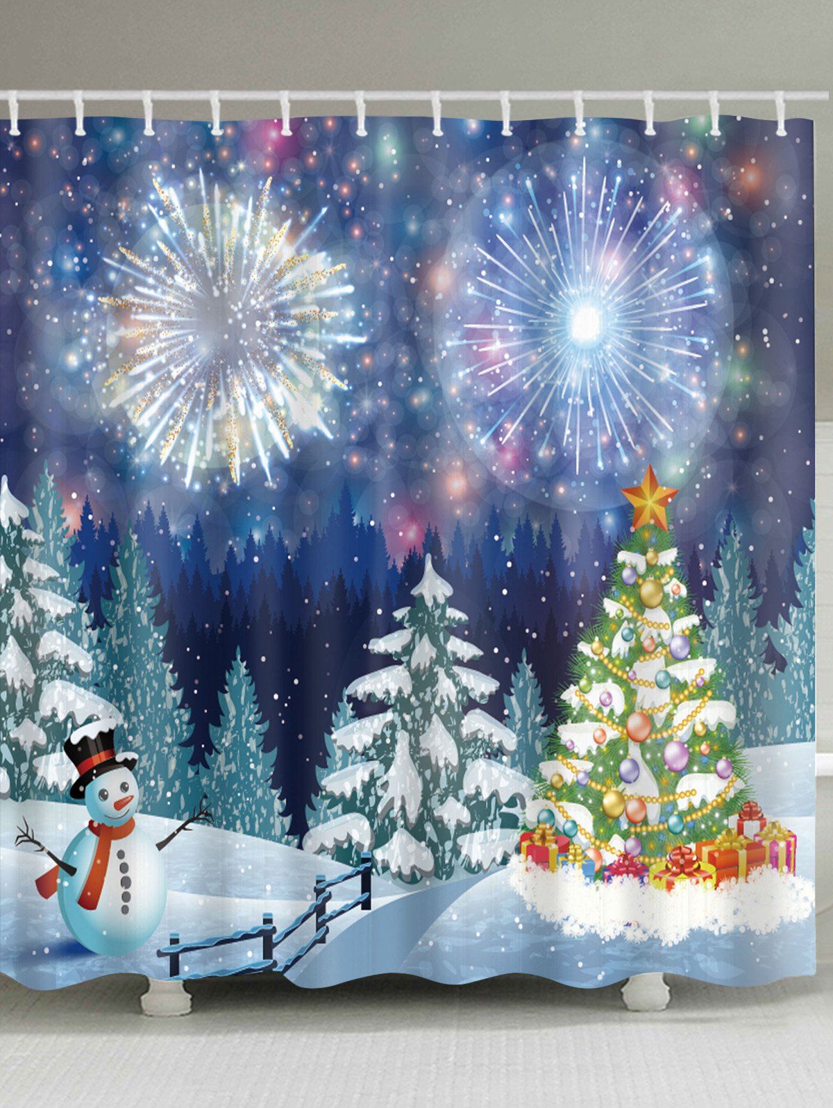 

Christmas Forest Firework Print Waterproof Bathroom Shower Curtain, Colormix