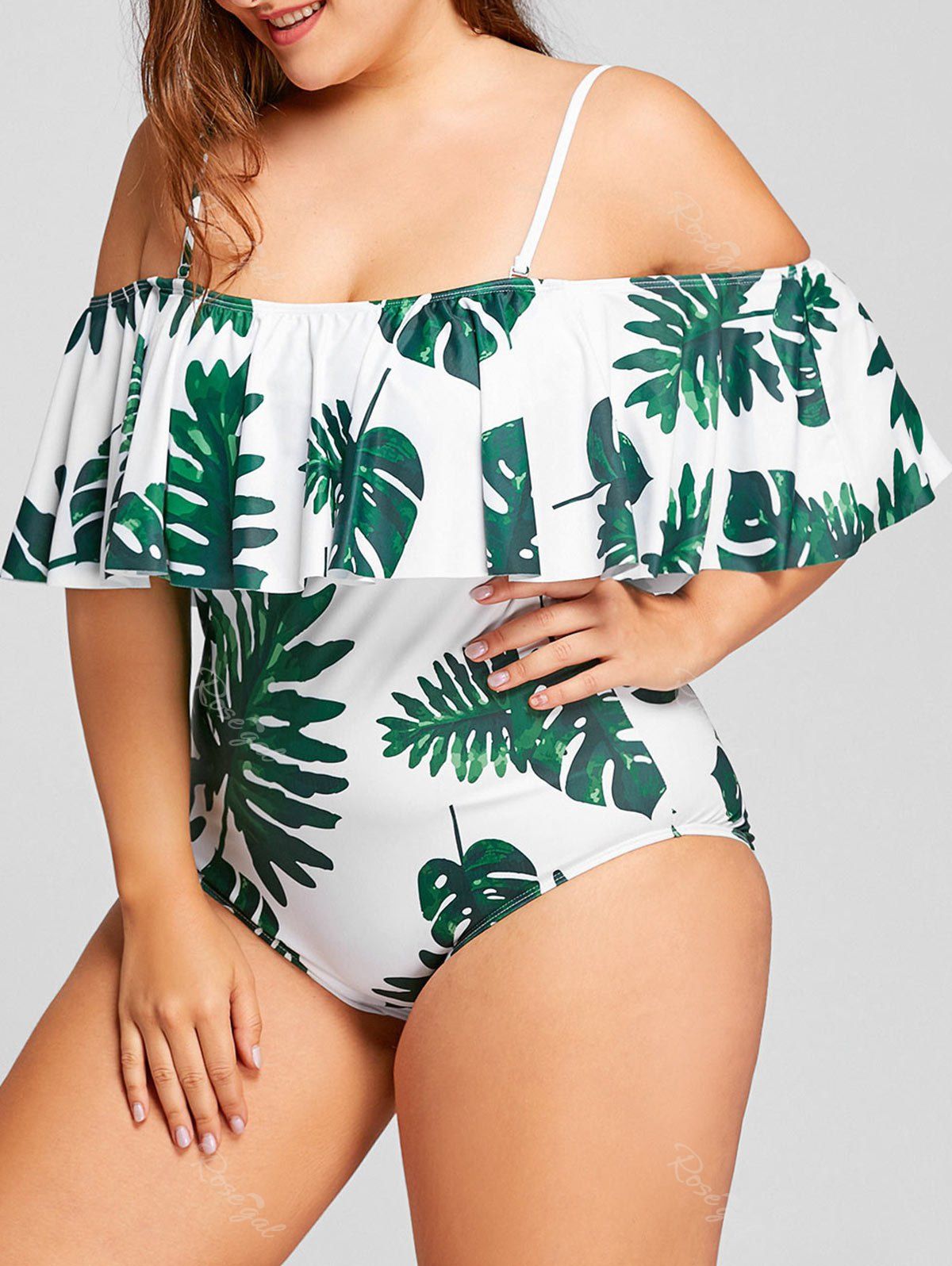 Buy Tropical Leaf Flounce Plus Size One Piece Swimwear  