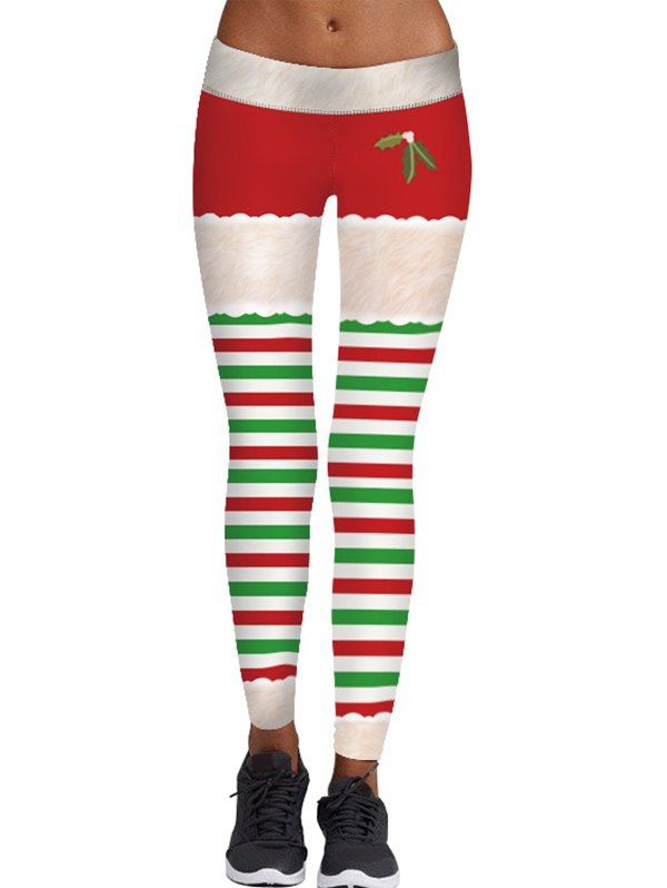 [65% OFF] Christmas Berry Print Striped Skinny Leggings | Rosegal