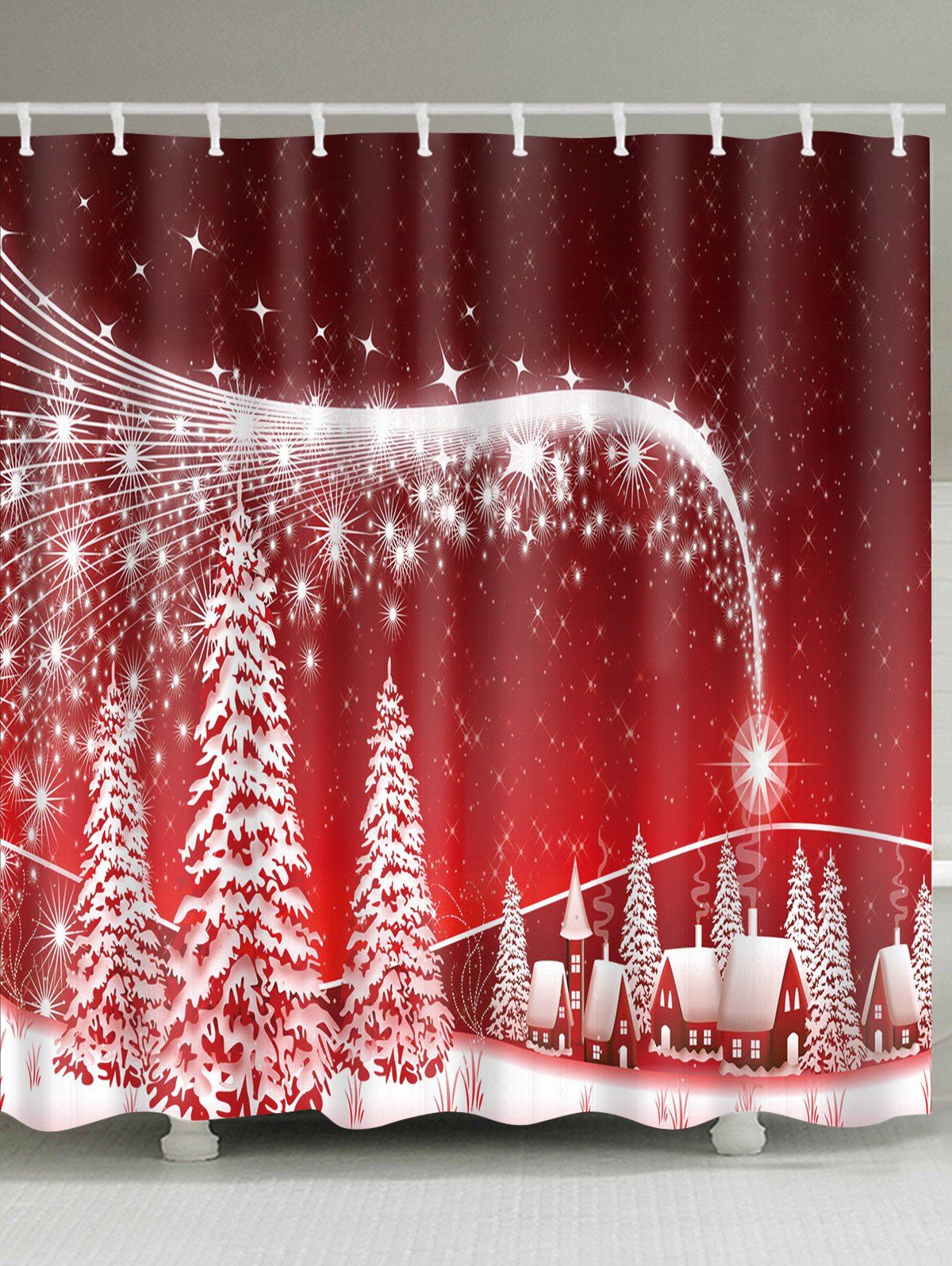 

Christmas Snowscape Print Waterproof Polyester Bath Curtain, Red
