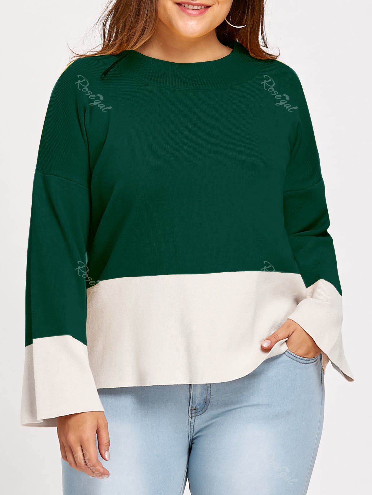 

Color Block Plus Size Mock Neck Sweater, Deep green