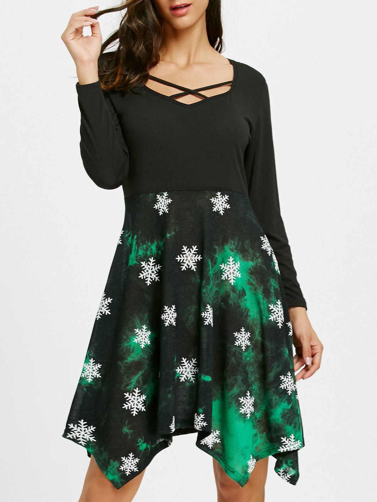 

Christmas Snowflake Print High Waist Handkerchief Dress, Colormix