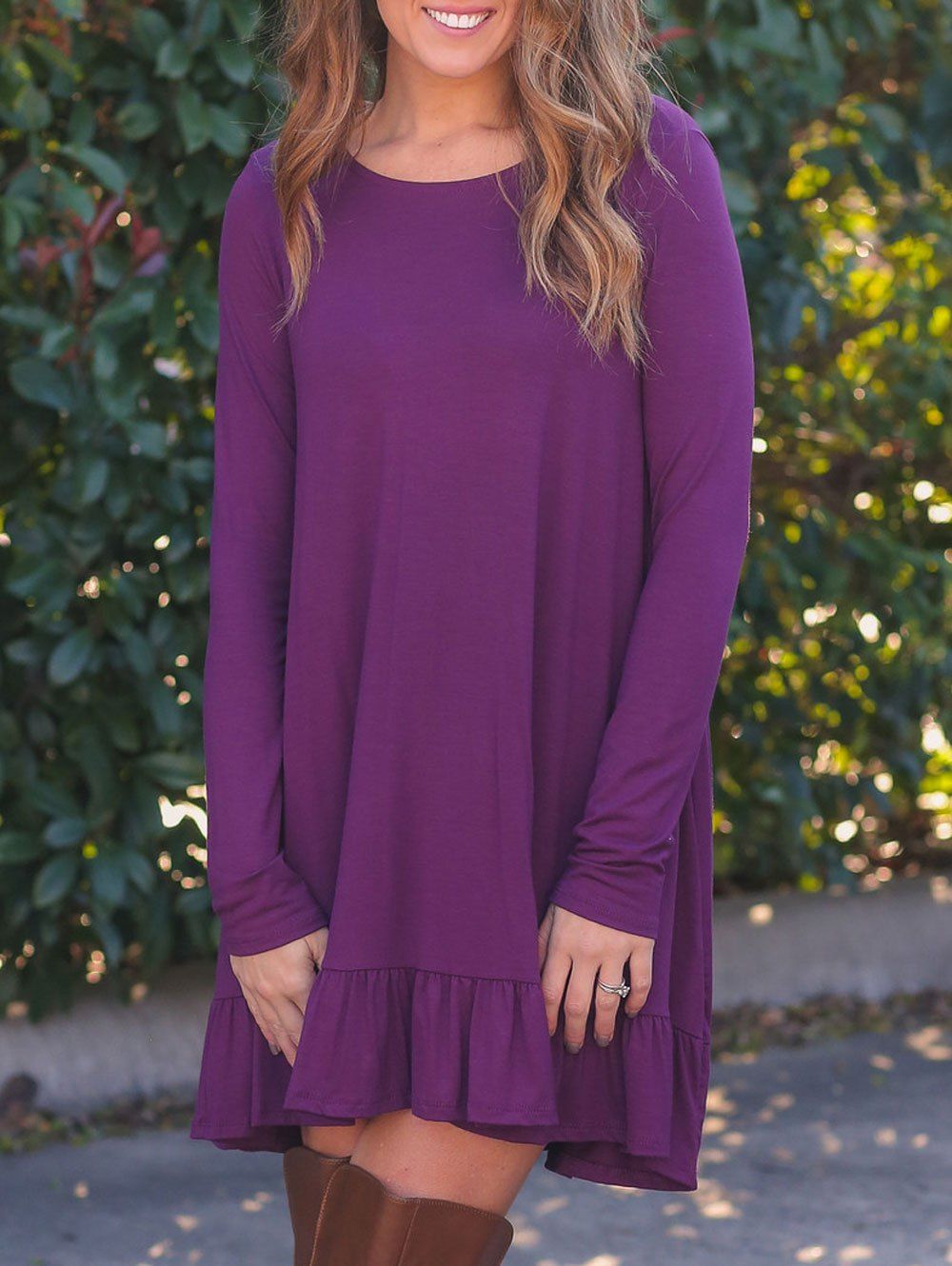 

Long Sleeve Casual Flounce Dress, Purple
