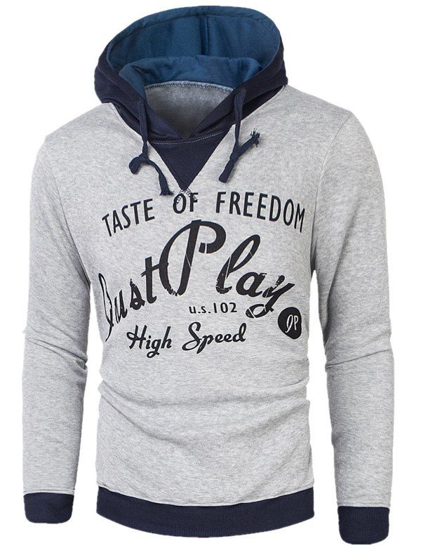 

Graphic Print Color Block Fleece Pullover Hoodie, Light gray