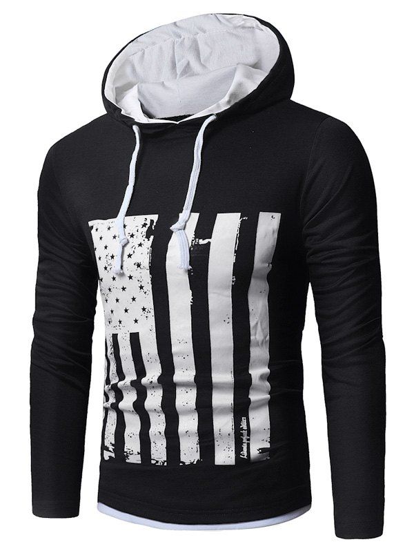 

Long Sleeve Distressed American Flag Print T-shirt, White and black