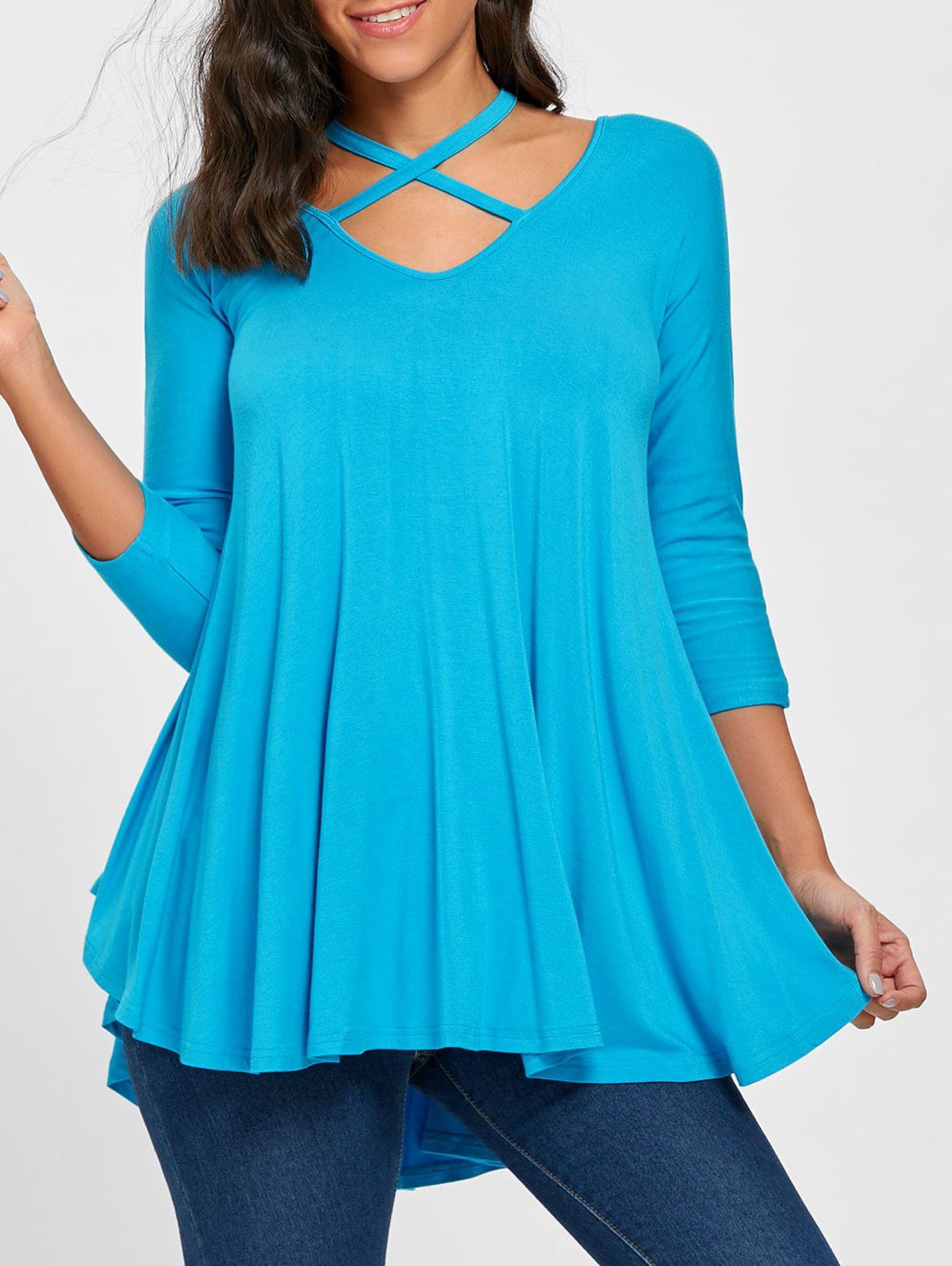 

Asymmetric Criss Cross V Neck Blouse, Lake blue