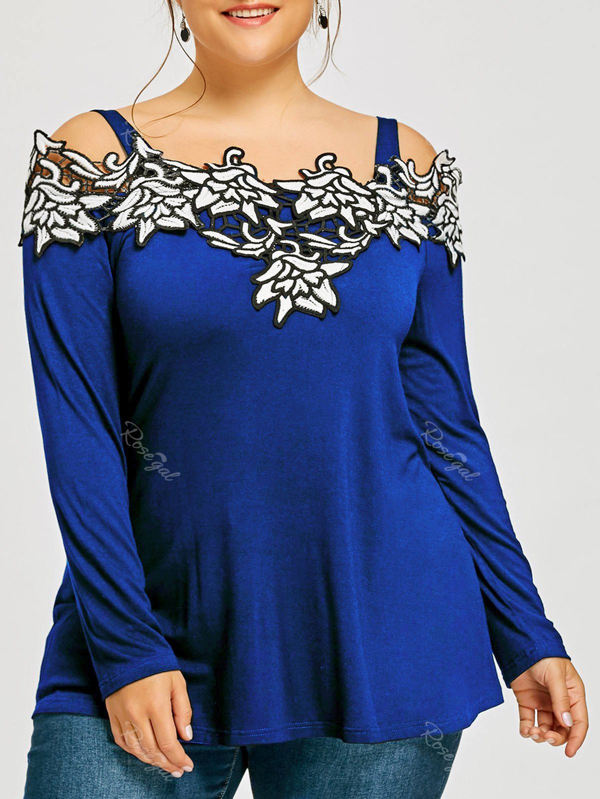 

Plus Size Cold Shoulder Embroidered Long Sleeve T-shirt, Blue