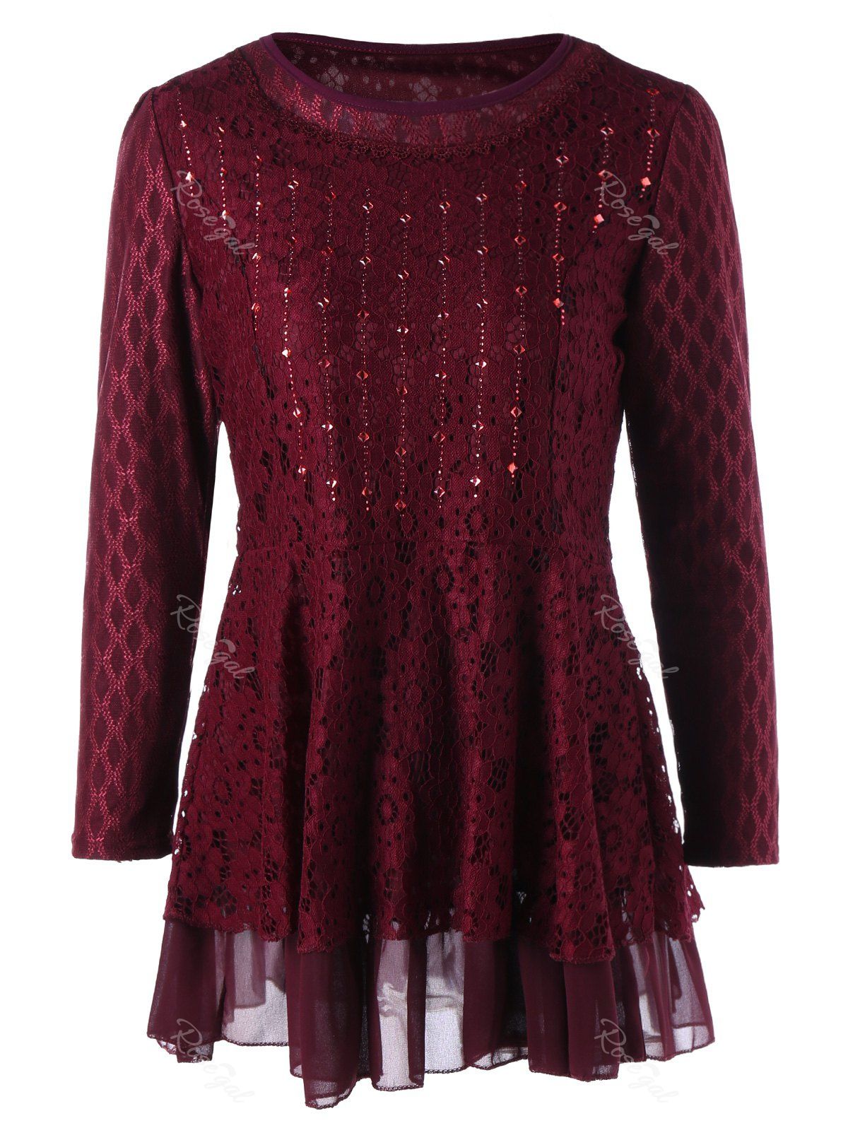 

Plus Size Embellished Lace Layered Peplum Top, Wine red