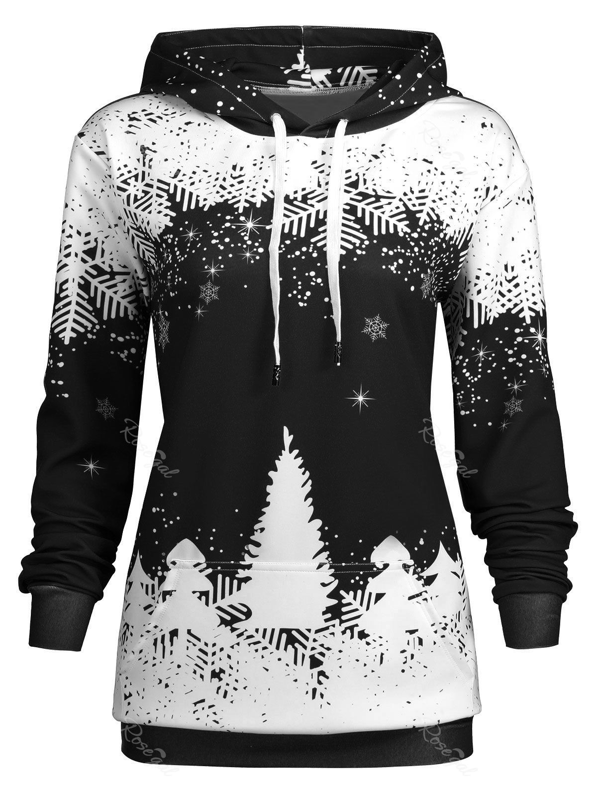 

Plus Size Christmas Snowflake Tree Pocket Hoodie, Black