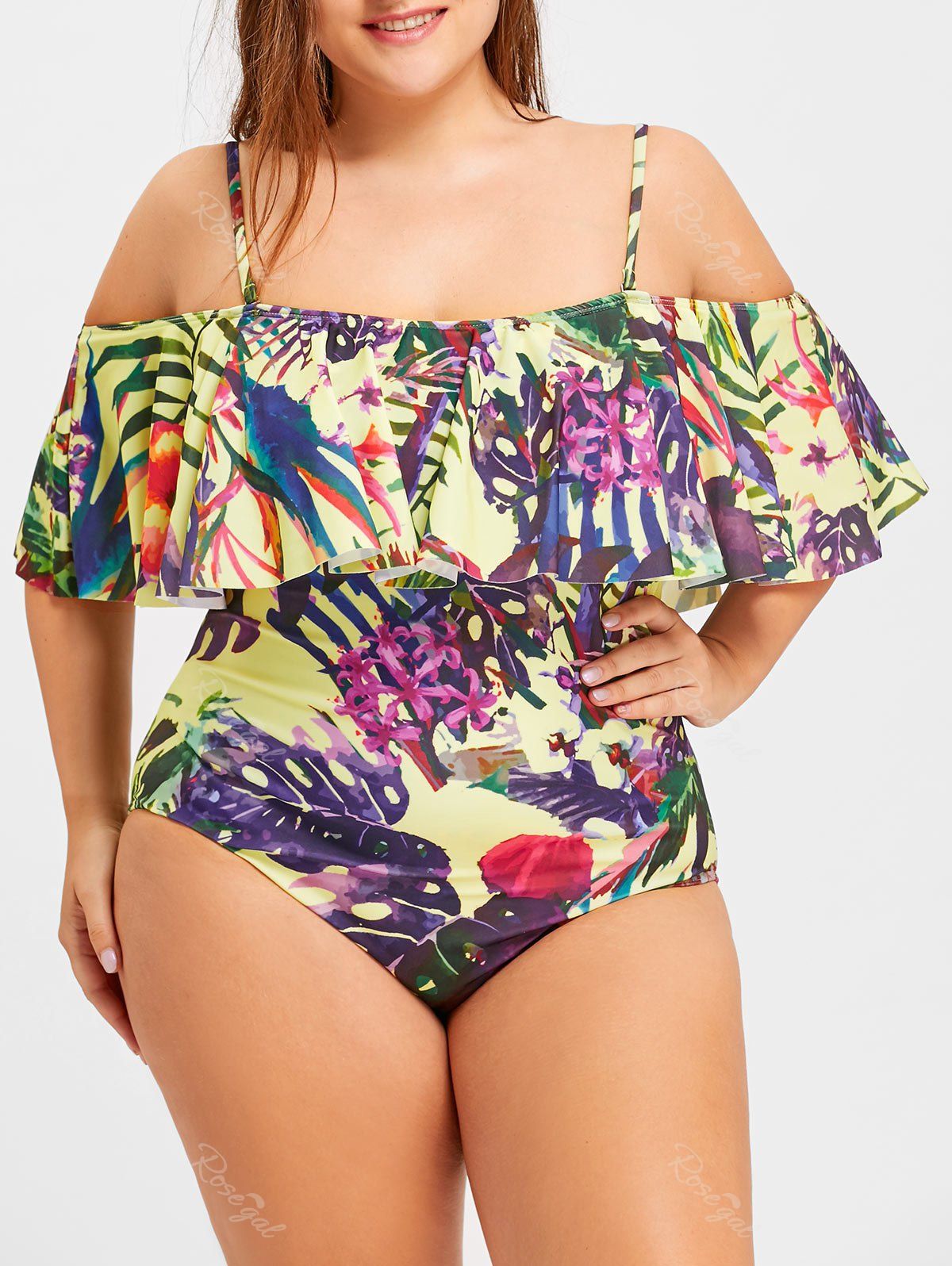 

Floral Leaf Ruffle Plus Size Swimwear, Limeade