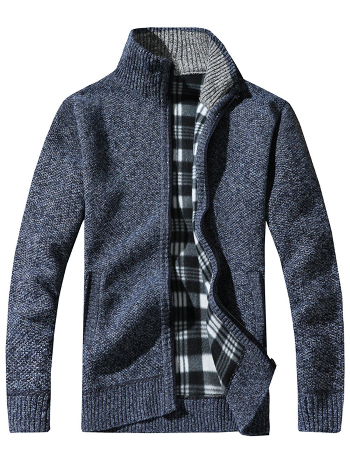 Fashion Tartan Fleece Lining Knit Blends Zip Up Jacket  