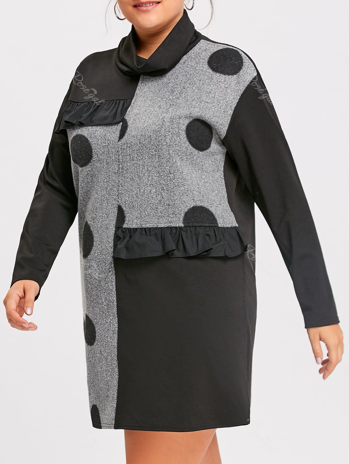 

Flounce Long Sleeve Plus Size Turtleneck Dress, Gray