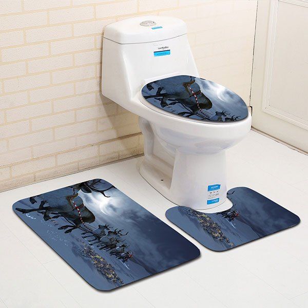 

3Pcs Moon Night Christmas Sled Print Flannel Bath Toilet Rugs Set, Blue gray