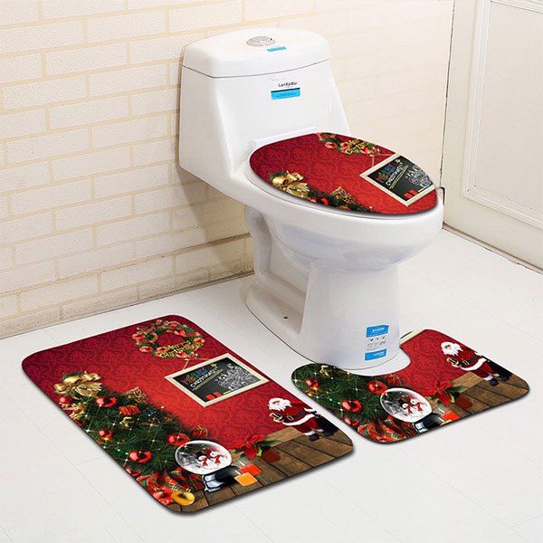 

3Pcs Christmas Theme Printed Flannel Bath Toilet Rugs Set, Red