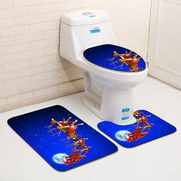 

3PCS Flannel Moon Christmas Sled Printed Bath Toilet Mats Set, Blue