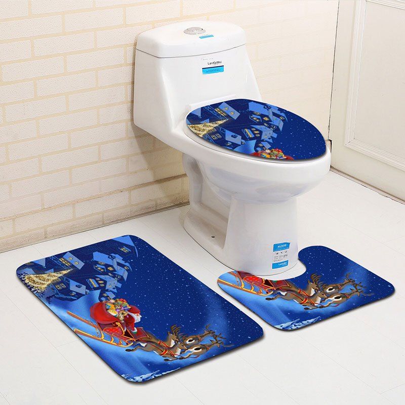 

3Pcs Christmas Sled and Town Print Flannel Bath Toilet Mats Set, Blue
