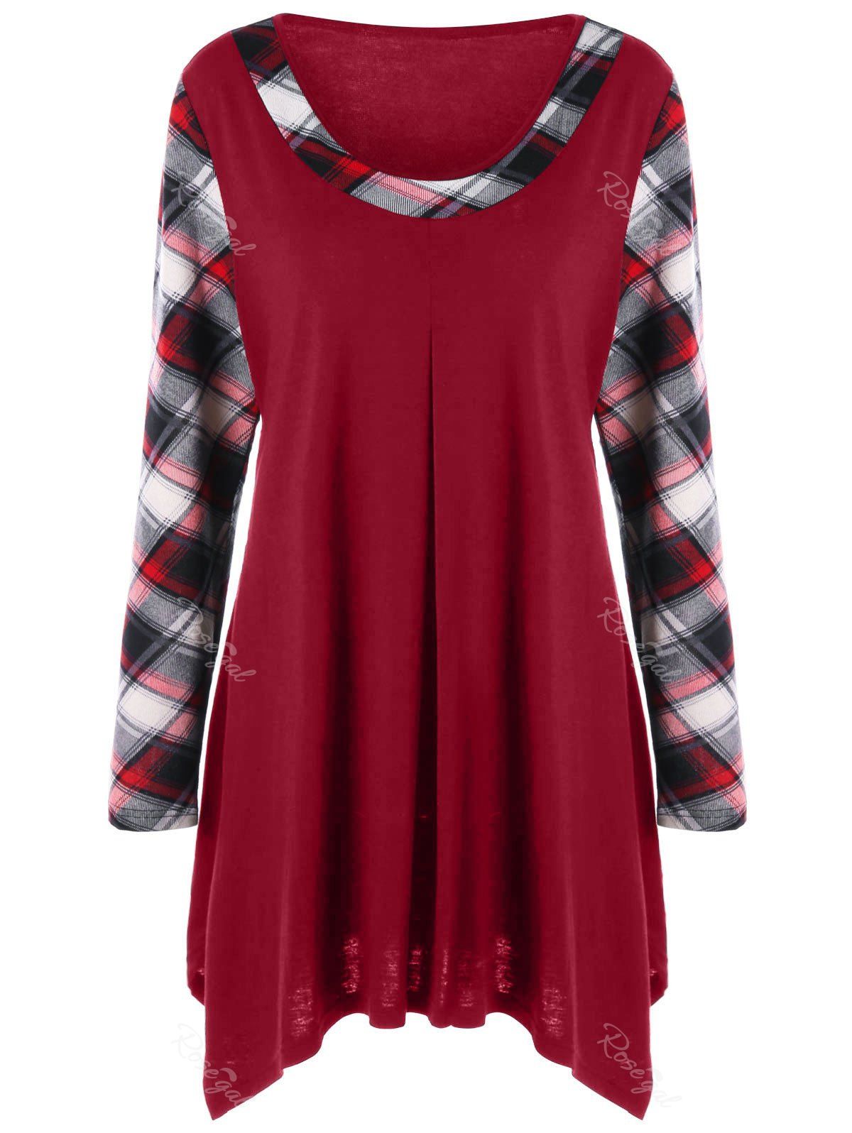 

Plus Size Plaid Trim Tunic Top, Wine red