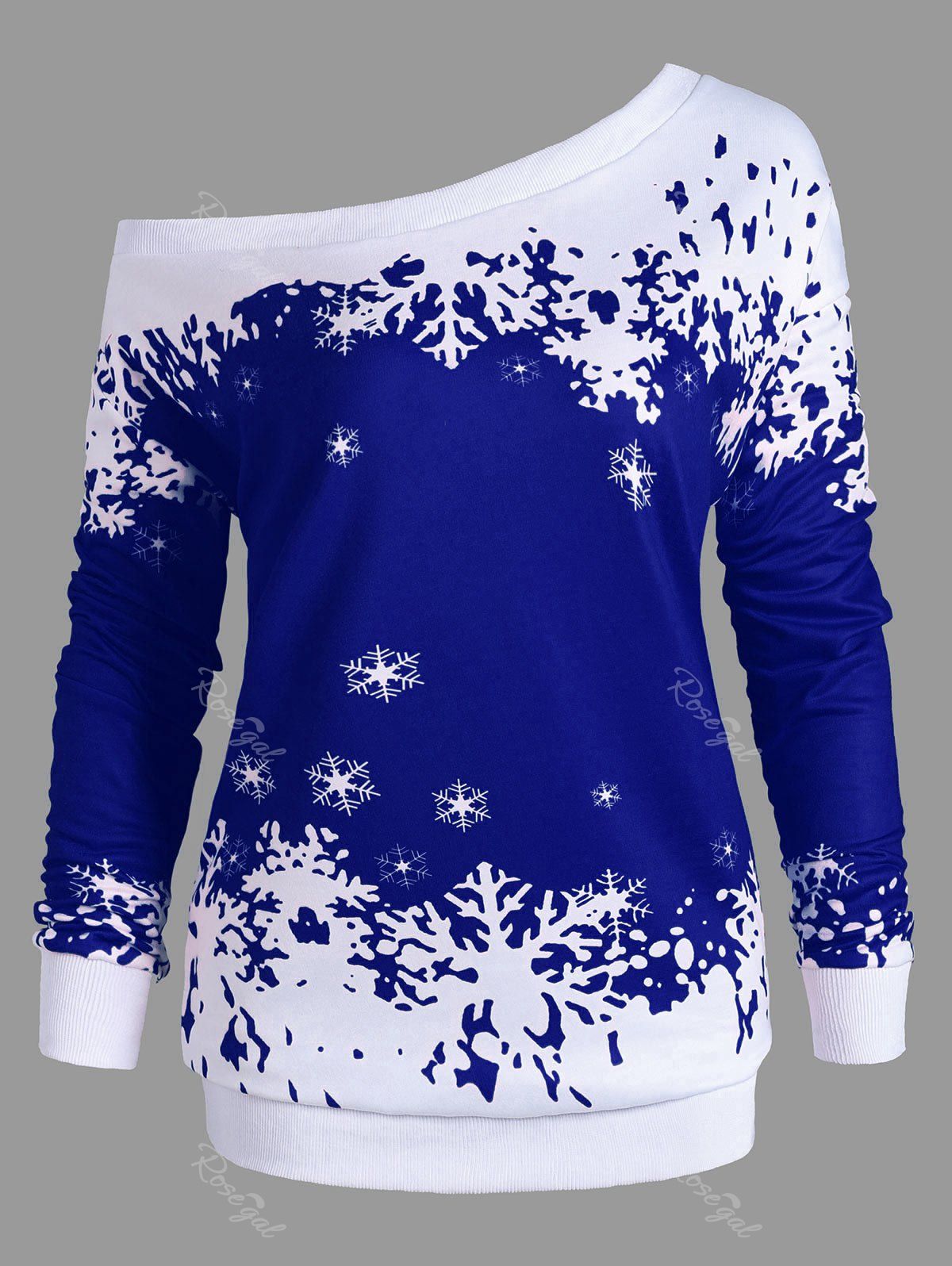 

Plus Size One Shoulder Snowflake Christmas Sweatshirt, Blue